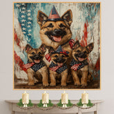 Happy German Shepherd Mother and Puppies in Patriotic Outfits with Rustic American Flag Backdrop on Ready to Hang 1.5" Thick Canvas Wrap, Floating Framed Canvas, Flat Rolled Canvas